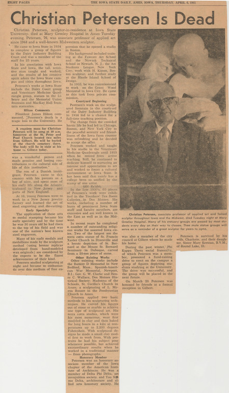 Article from the Iowa State Daily published April 6, 1961. The article is an Iowa State Daily obituary recounting Christian Petersen's life, work, and some of the honors he received.