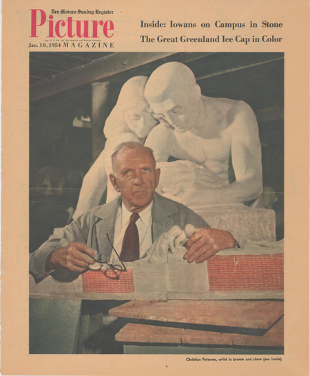 Cover of the Des Moines Sunday Register's Picture magazine published January 10, 1954. The Picture magazine cover features a picture of Christian Petersen with a sculpture model and full-size sculpture.