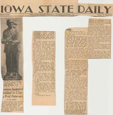 Article from the Iowa State Daily published October 6, 1949. The Iowa State Daily states that a plaster cast has been made of Christian Petersen's statue of George Washington Carver and recounts Carver's achievements.