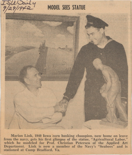 Article from the Iowa State Daily published September 29, 1942. The Iowa State Daily depicts Marion Link, the model for Christian Petersen's agricultural labor statue, viewing the statue for the first time.