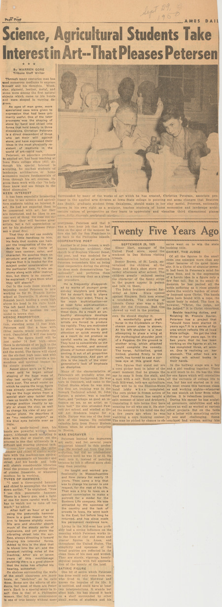 Article by Warren Gore published in the Ames Daily Tribune on September 29, 1950. The article discusses Christian Petersen teaching art to Iowa State College students and presents an overview of his life and work.
