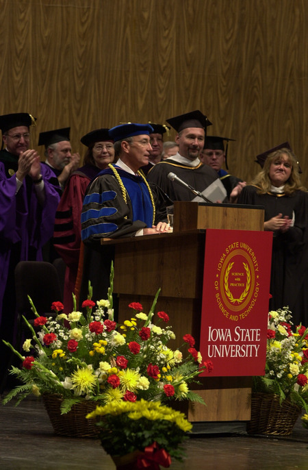 Photograph of Gregory L. Geoffroy addressing the audience during his installation ceremony. The event was held at C. Y. Stephens Auditorium on October 6, 2001.