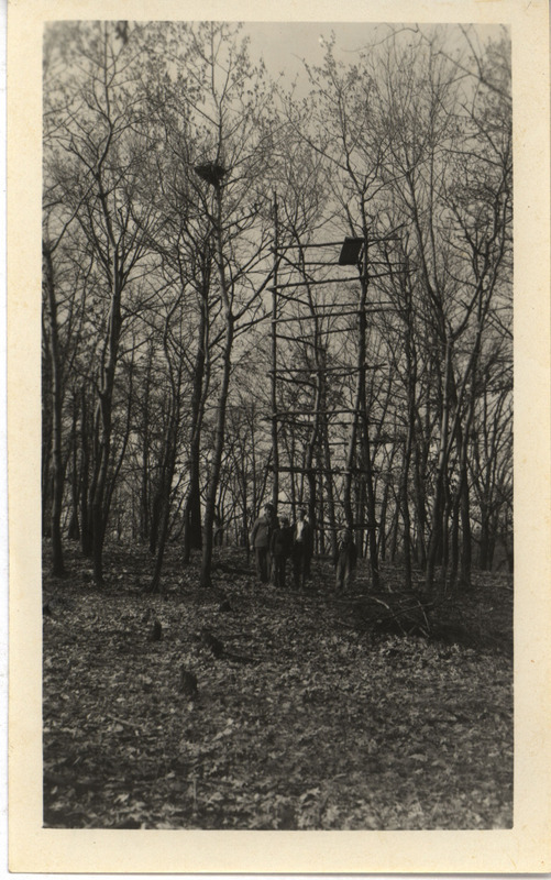 Four unidentified people standing at the base of an observation tower, located near the North Bridge, April 9, 1932. The tower was being used to observe a Great Horned Owl nest that was built in an old Crow's nest in an aspen tree 27 feet high. Photograph originally titled "Tower and Horned Owl Nest." Rosene provides details on back of photograph.