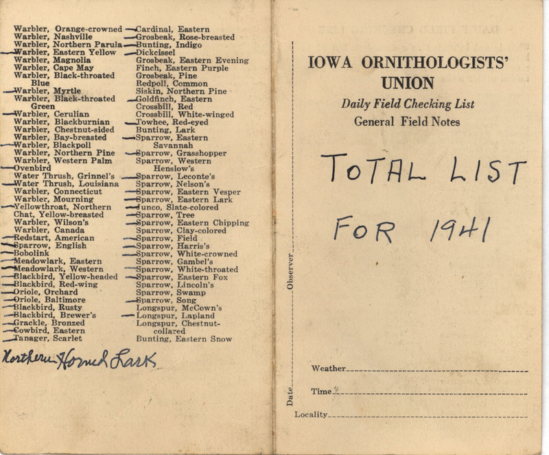 Daily field checking list includes birds observed by Walter Rosene in 1941.