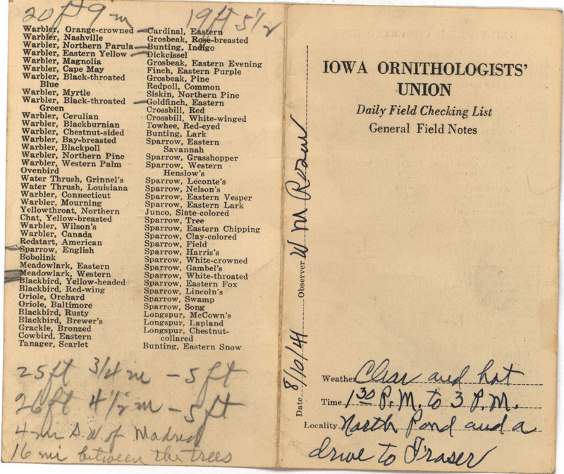 Daily field checking list of birds observed in Boone County by Walter Rosene, August 10, 1941.