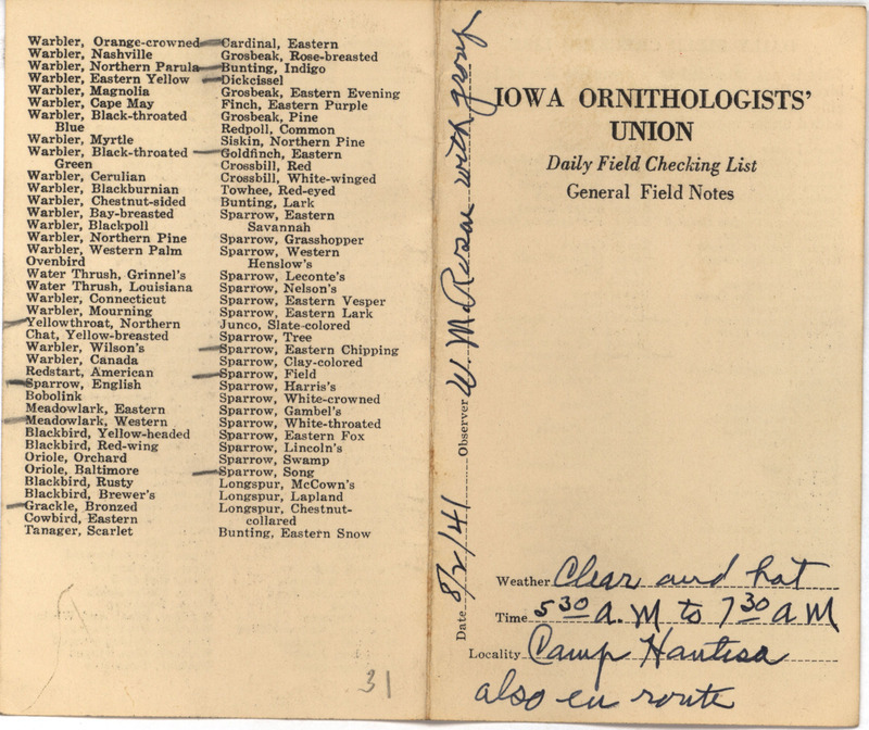 Daily field checking list of birds observed at Camp Hantesa by Walter Rosene and others, Augusts 2, 1941.