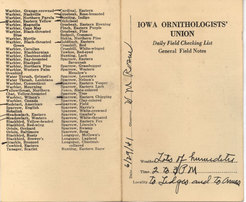 Daily field checking list of birds observed at Ledges State Park and Ames by Walter Rosene, June 29, 1941.