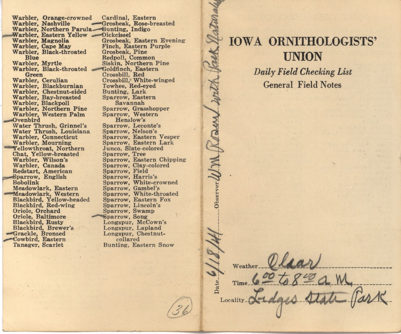 Daily field checking list of birds observed at Ledges State Park by Walter Rosene and park naturalist, June 18, 1941.