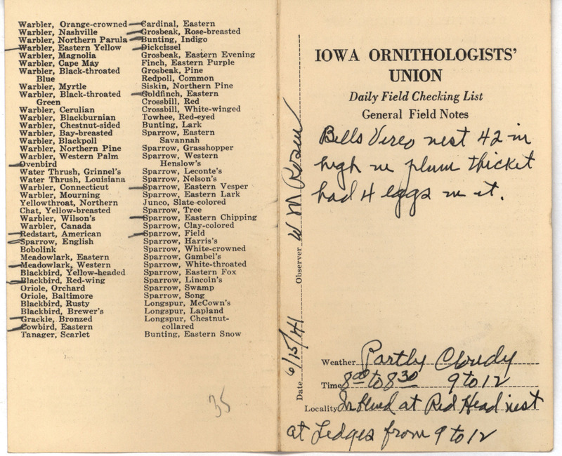 Daily field checking list of birds observed at Ledges State Park by Walter Rosene, June 15, 1941. Also notes the sighting of a Bell's Vireo nest with four eggs.