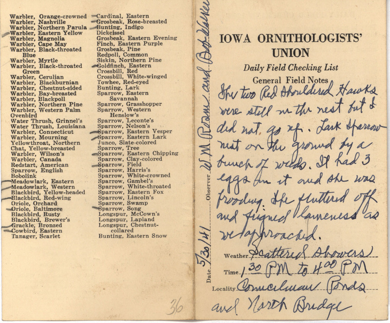 Daily field checking list of birds observed in Boone County by Walter Rosene and Robert Walker, May 30, 1941. Also notes two Red-shouldered Hawks on a nest and a Lark Sparrow nest with three eggs.