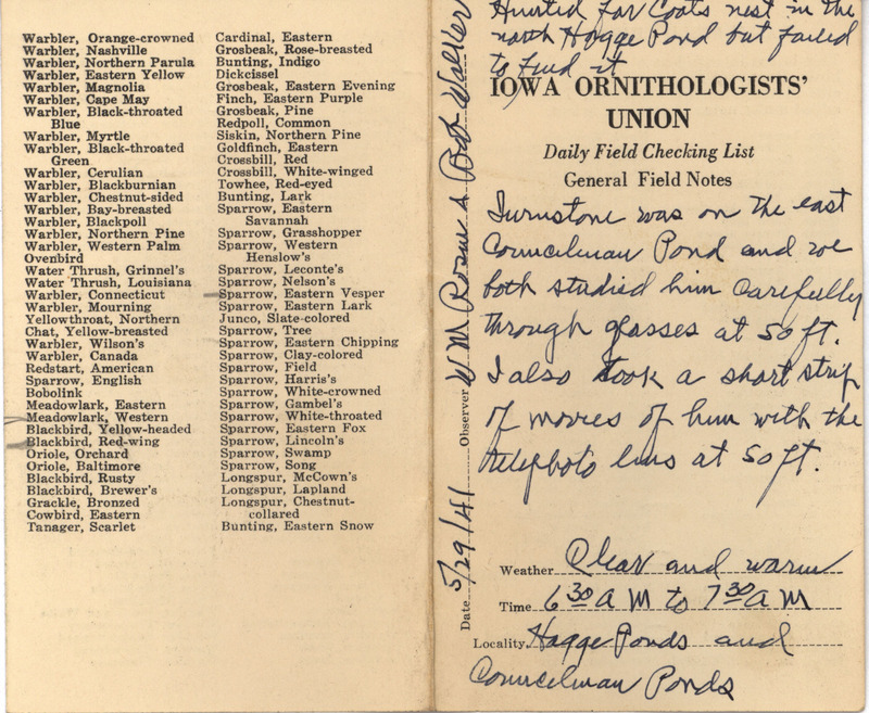 Daily field checking list of birds observed in Boone County by Walter Rosene and Robert Walker, May 29, 1941. Also notes their observation of a Ruddy Turnstone.