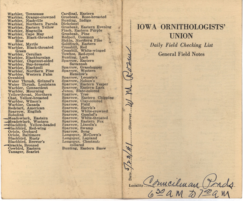 Daily field checking list of birds observed in Boone County by Walter Rosene, May 23, 1941.