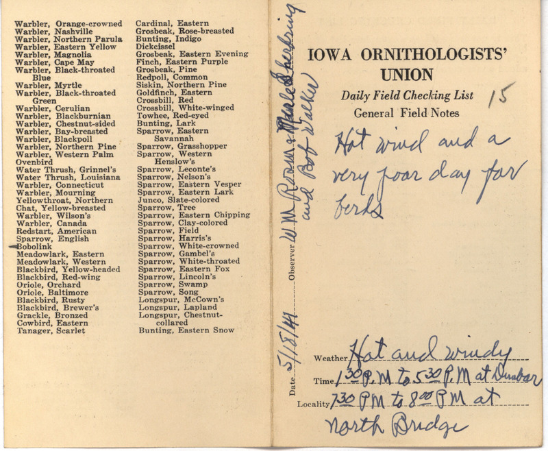 Daily field checking list of birds observed in Boone County by Walter Rosene, Robert Walker and Merle Sherbring, May 18, 1941.