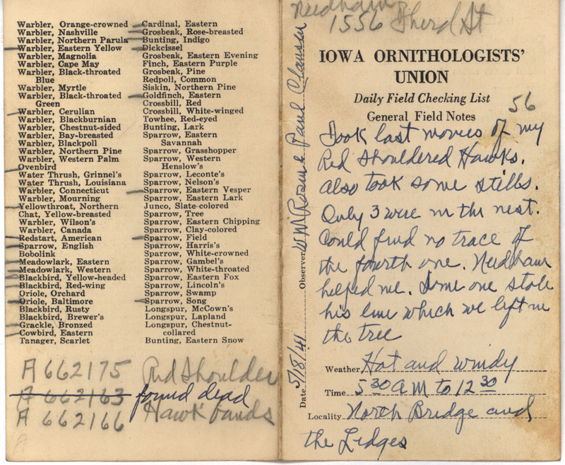 Daily field checking list of birds observed at Ledges State Park by Walter Rosene and Paul Clausen, May 18, 1941. Also notes three Red-shouldered Hawks in a nest.