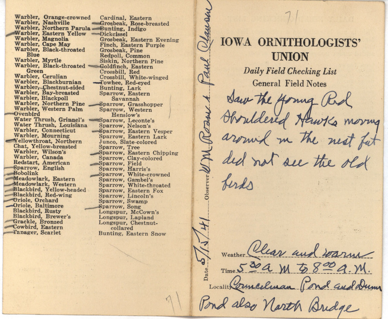 Daily field checking list of birds observed in Boone County by Walter Rosene and Paul Clausen, May 15, 1941. Also notes young Red-shouldered Hawks moving around in a nest.