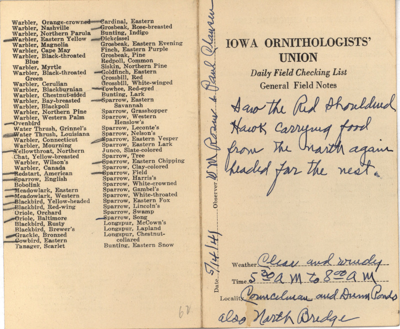 Daily field checking list of birds observed in Boone County by Walter Rosene and Paul Clausen, May 14, 1941. Also notes a Red-shouldered Hawk carrying food towards a nest.