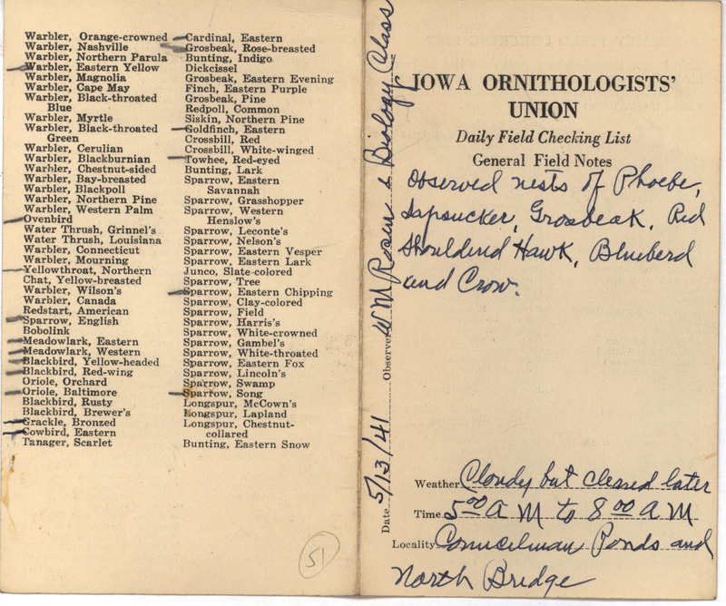 Daily field checking list of birds observed in Boone County by Walter Rosene and a biology class, May 13, 1941. Includes notes on his observations of several species of bird nests.