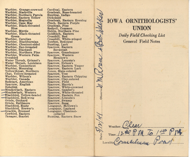 Daily field checking list of birds observed in Boone County by Walter Rosene and Robert Walker, May 12, 1941.