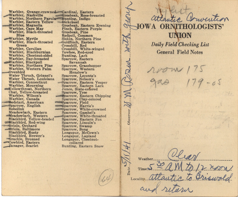 Daily field checking list of birds observed at Atlantic and Griswold by Walter Rosene and group from the Atlantic Convention, May 11, 1941.