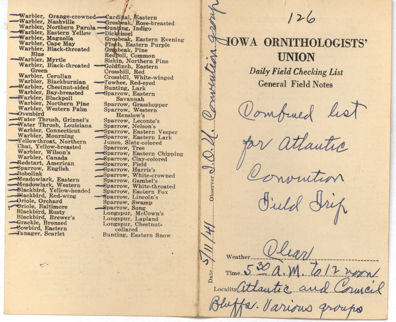 Daily field checking list of birds observed at Atlantic and Council Bluffs by Walter Rosene and group from the Atlantic Convention, May 11, 1941.This is a combined list for the Atlantic Convention field trip.