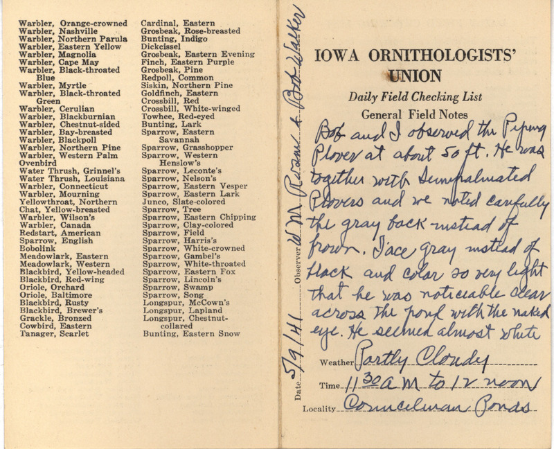 Daily field checking list of birds observed in Boone County by Walter Rosene and Robert Walker, May 9, 1941. Also notes a detailed description of a Piping Plover.