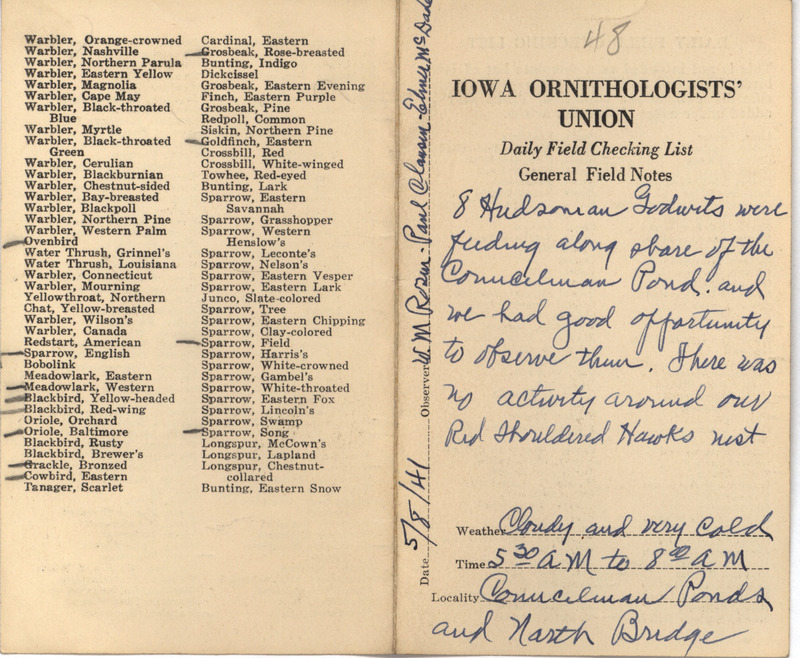 Daily field checking list of birds observed in Boone County by Walter Rosene, Paul Clausen and Elmer McDade, May 8, 1941. Also notes observing eight Hudsonian Godwits feeding near a pond.