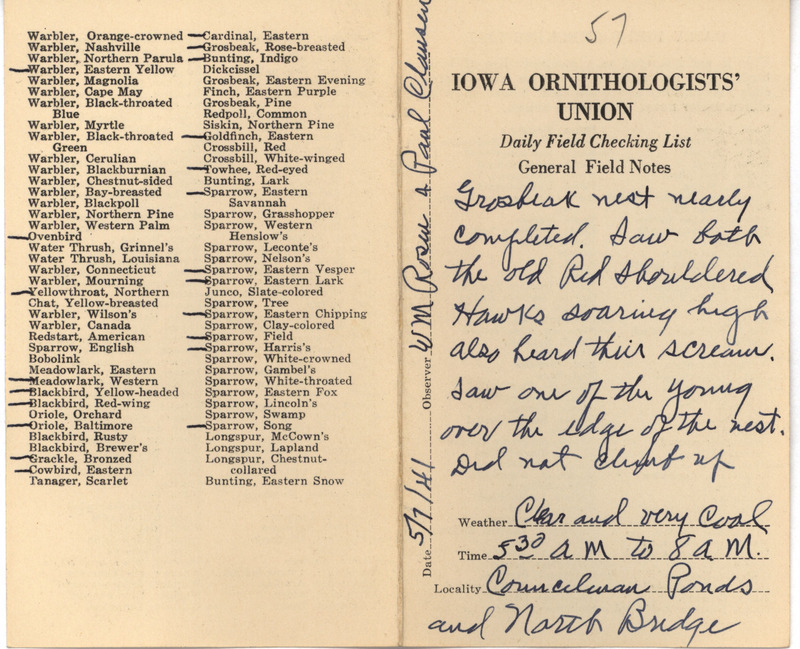 Daily field checking list of birds observed in Boone County by Walter Rosene and Paul Clausen, May 7, 1941. Also notes a Rose-breasted Grosbeak nest and two adult Red-shouldered Hawks in distress over one of their young that was out of the nest.