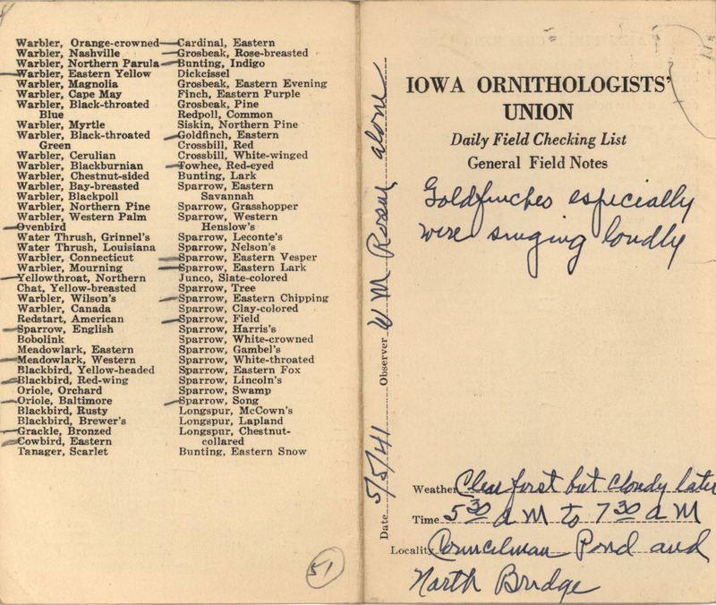 Daily field checking list of birds observed in Boone County by Walter Rosene, May 5, 1941. Also notes that the American Goldfinches were singing loudly.