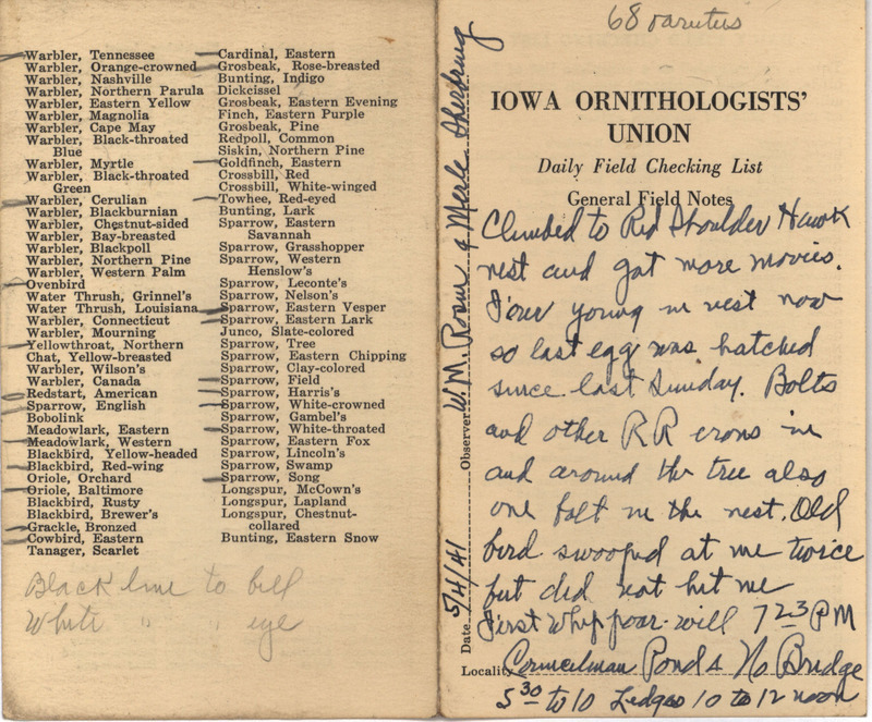 Daily field checking list of birds observed in Boone County by Walter Rosene and Merle Sherbring, May 4, 1941. Also notes all Red-shouldered Hawk eggs in the nest have hatched.