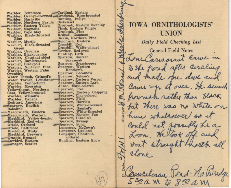 Daily field checking list of birds observed in Boone County by Walter Rosene and Merle Sherbring, May 2, 1941. Also notes his observation and description of a Double-crested Cormorant.