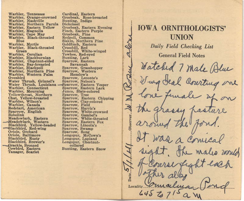 Daily field checking list of birds observed in Boone County by Walter Rosene, May 1, 1941. Also notes watching seven male Blue-winged Teal courting one female Blue-winged Teal.