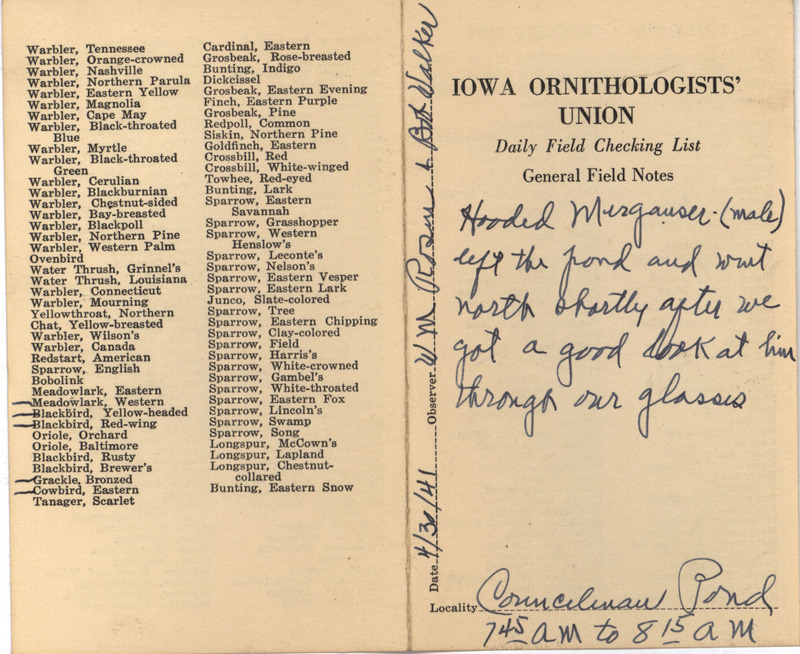 Daily field checking list of birds observed in Boone County by Walter Rosene and Robert Walker, April 30, 1941. Also notes observing a male Hooded Merganser.