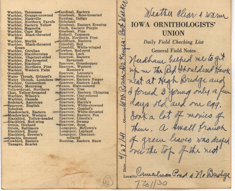 Daily field checking list of birds observed in Boone County by Walter Rosene, Charles R. Keyes and Robert Walker, April 27, 1941. Also notes a Red-shouldered Hawk nest with three young only a few days old and one egg.