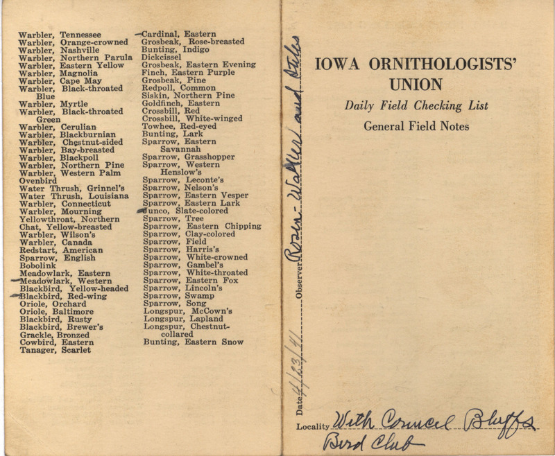 Daily field checking list of birds observed by Walter Rosene, Robert Walker, Bruce Fleming Stiles, and Council Bluffs Bird Club, April 23, 1941.