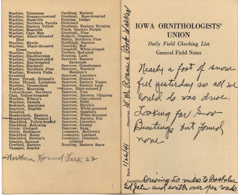 Daily field checking list of birds observed at Boxholm and Grand Junction by Walter Rosene and Robert Walker, January 26, 1941. Also notes there was nearly a foot of snow on the ground.