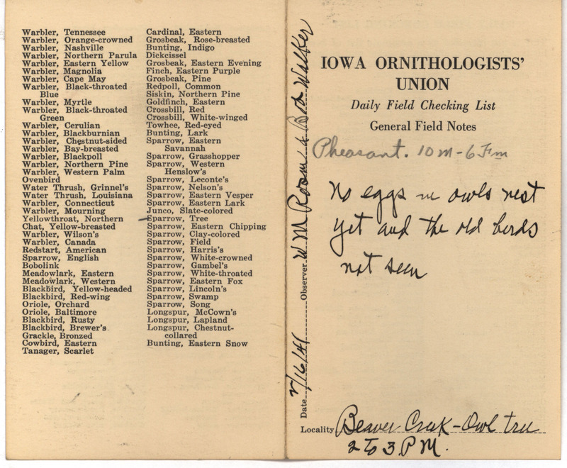 Daily field checking list of birds observed in Boone County by Walter Rosene and Robert Walker, February 16, 1941. Also notes no eggs in an owls nest yet and the old birds have not been seen.