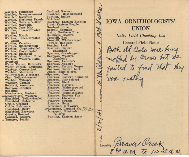 Daily field checking list of birds observed in Boone County by Walter Rosene and Robert Walker, March 2, 1941. Also notes both old owls were being mobbed by crows, but failed to find that they were nesting.