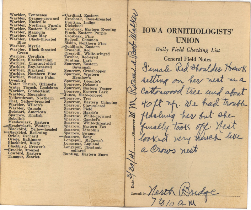 Daily field checking list of birds observed in Boone County by Walter Rosene and Robert Walker, March 30, 1941. Also notes a female Red-shouldered Hawk sitting on a nest.