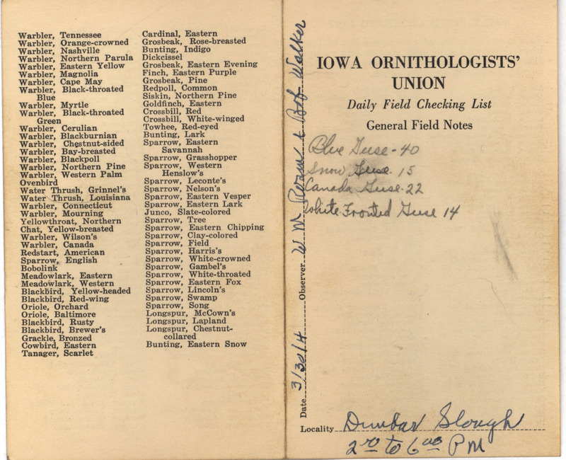 Daily field checking list of birds observed at Dunbar Slough by Walter Rosene and Robert Walker, March 30, 1941.