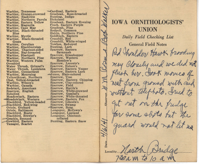 Daily field checking list of birds observed in Boone County by Walter Rosene and Robert Walker, April 6, 1941. Also notes a brooding Red-shouldered Hawk.