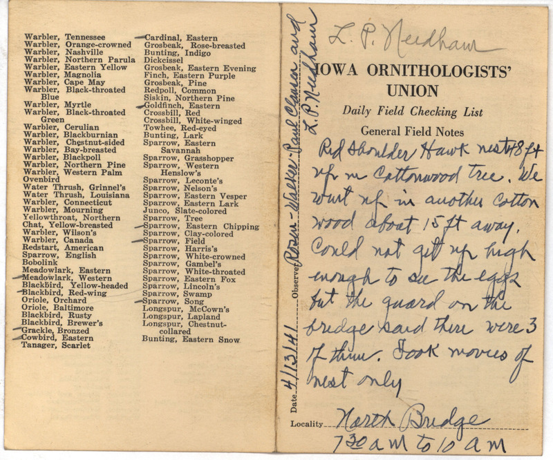 Daily field checking list of birds observed in Boone County by Walter Rosene, Robert Walker, Paul Clausen and Leo P. Needham, April 13, 1941. Also notes a Red-shouldered Hawk nest with three eggs.