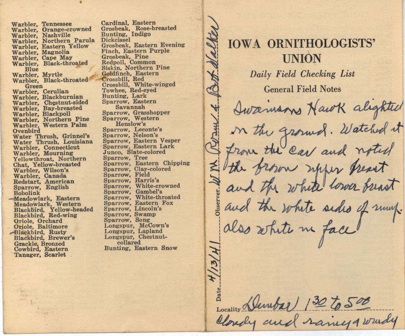 Daily field checking list of birds observed at Dunbar Slough by Walter Rosene and Robert Walker, April 13, 1941. Also notes observing a Swainson's Hawk.