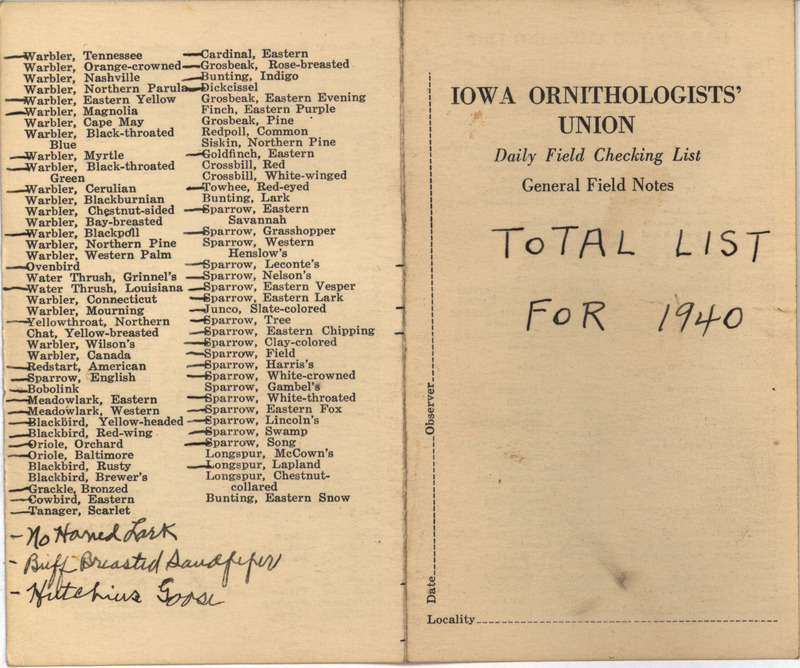 Daily field checking list includes birds observed by Walter Rosene in 1940.