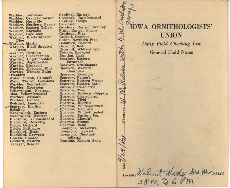 Daily field checking list of birds observed at Walnut Woods State Park by Walter Rosene and the Des Moines Audubon Society, September 29, 1940.