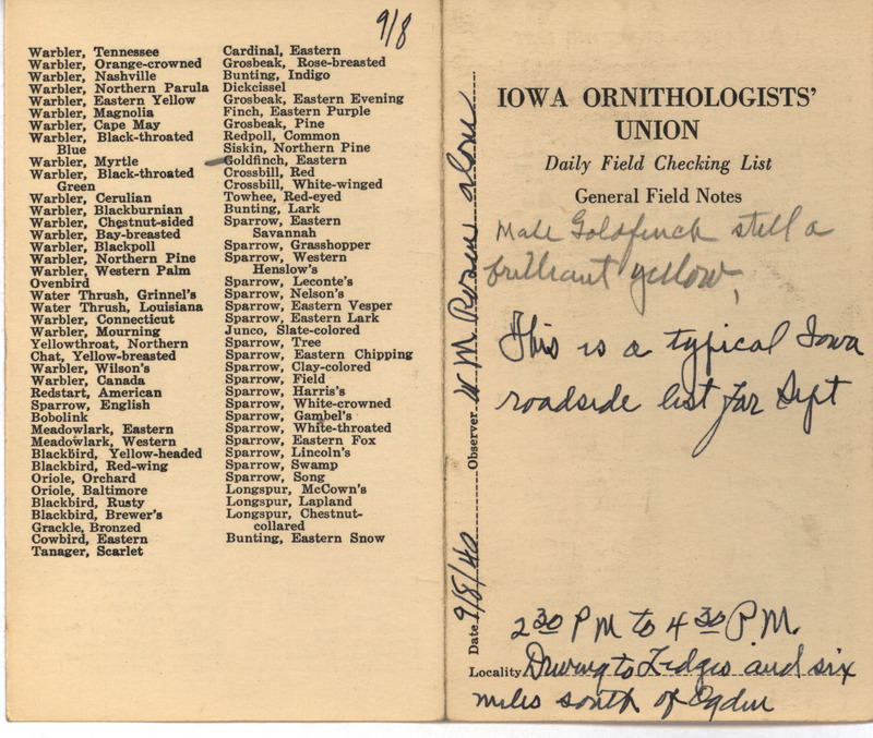 Daily field checking list of birds observed at Ledges State Park and Ogden by Walter Rosene, September 8, 1940. Also notes seeing a brilliant yellow male American Goldfinch and that this is a typical Iowa roadside list for September.