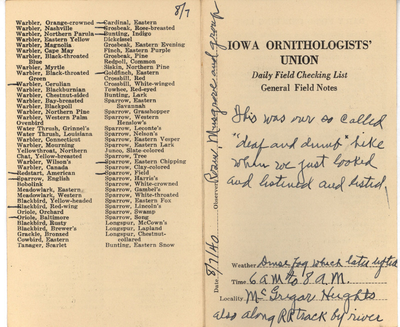 Daily field checking list of birds observed at McGregor Heights by Walter Rosene, Jack W. Musgrove and others, August 7, 1940. Also notes the hike was to look, listen and list.