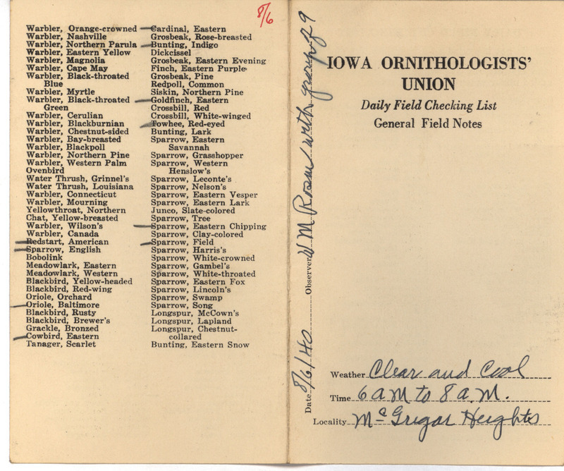 Daily field checking list of birds observed at McGregor Heights by Walter Rosene and others, August 6, 1940.