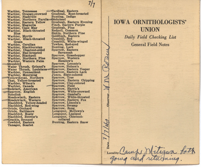 Daily field checking list of birds observed at Camp Mitigwa by Walter Rosene, July 7, 1940.