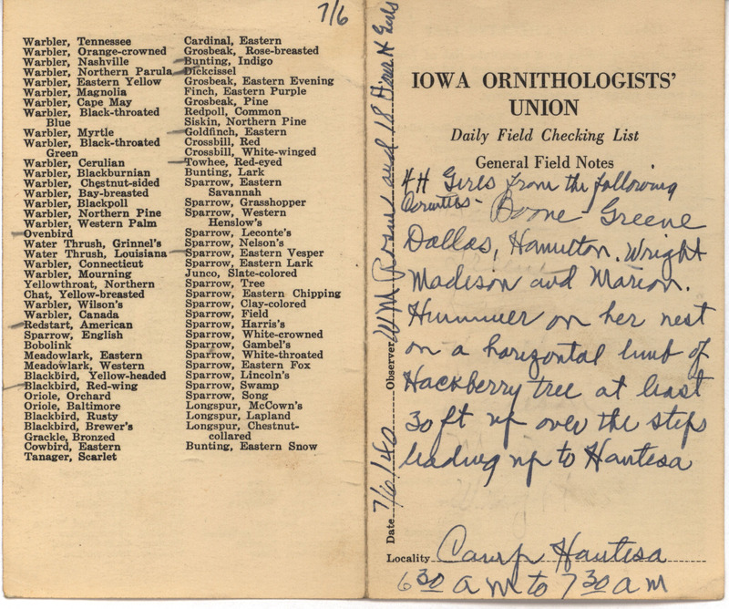 Daily field checking list of birds observed at Camp Hantesa by Walter Rosene and others, July 6, 1940. Also notes a Ruby-throated Hummingbird sitting on a nest.