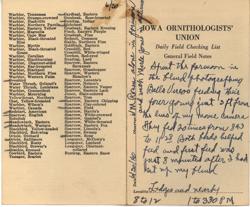 Daily field checking list of birds observed at Ledges State Park by Walter Rosene and Myrle L. Jones, June 30, 1940. Also notes a Bell's Vireo feeding four young.